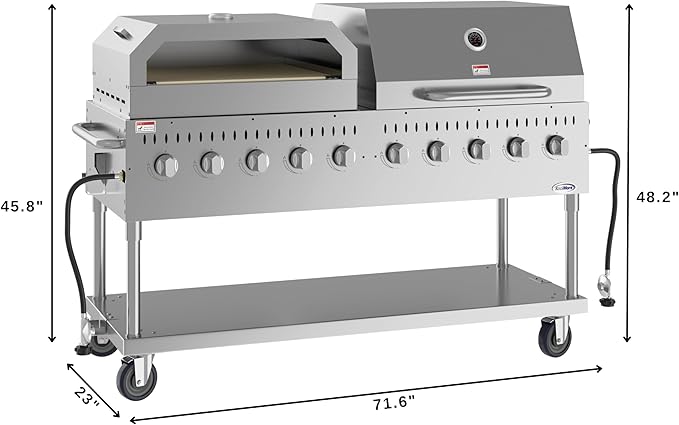 72 in. Commercial Outdoor Propane Gas Grill with 36 in. Roll Dome Cover and 36 in. Pizza Oven in Stainless-Steel, ETL Listed (CGKIT7-D36P36)