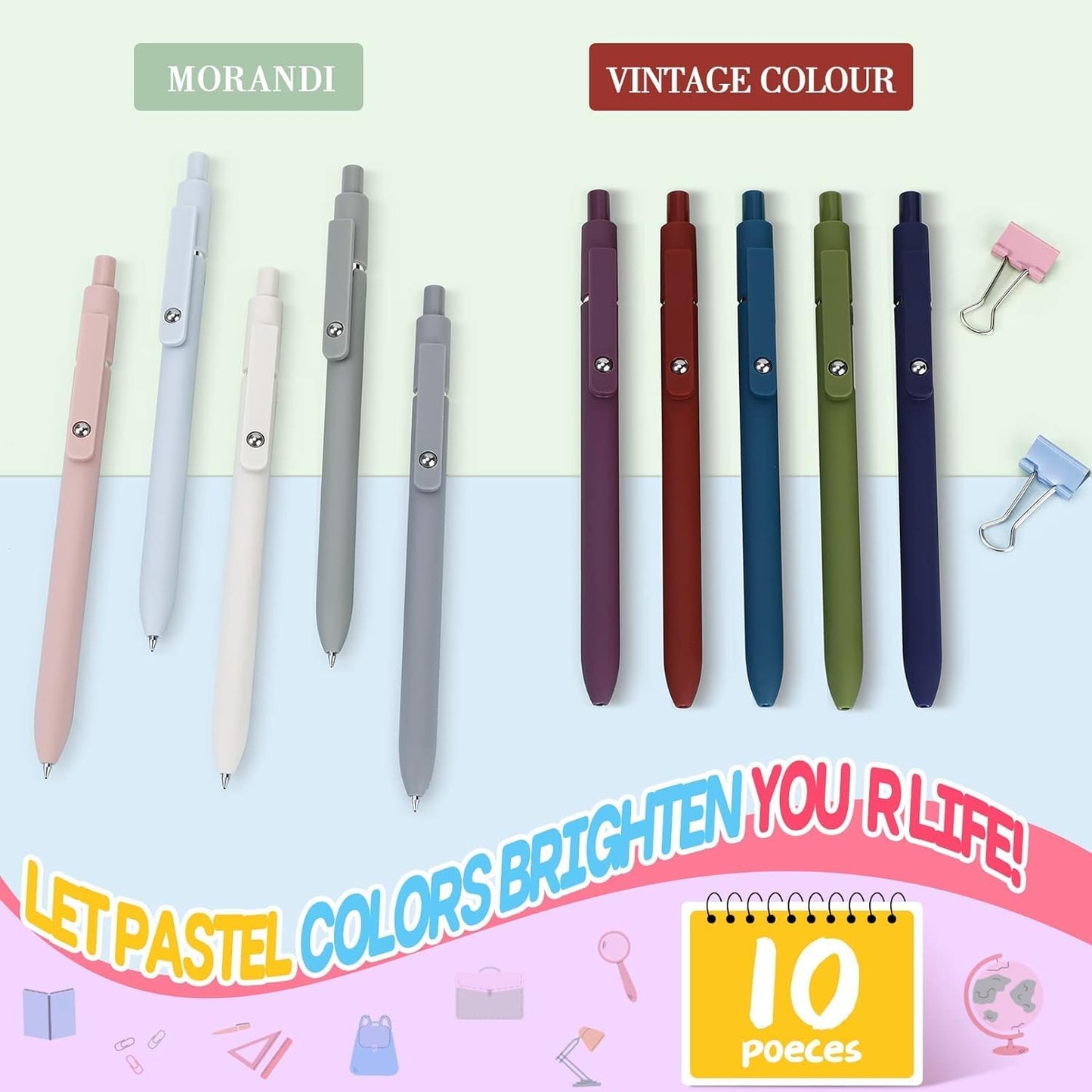 10Pcs Quick Dry Ink Pens,Retractable Gel Ink Pens,Fine Point Rolling Ball Gel Pen,Premium Smooth Writing Pens,0.5mm Cute Kawaii Pens for School Home Office Diary,Assorted Vintage Colors,Black Refill