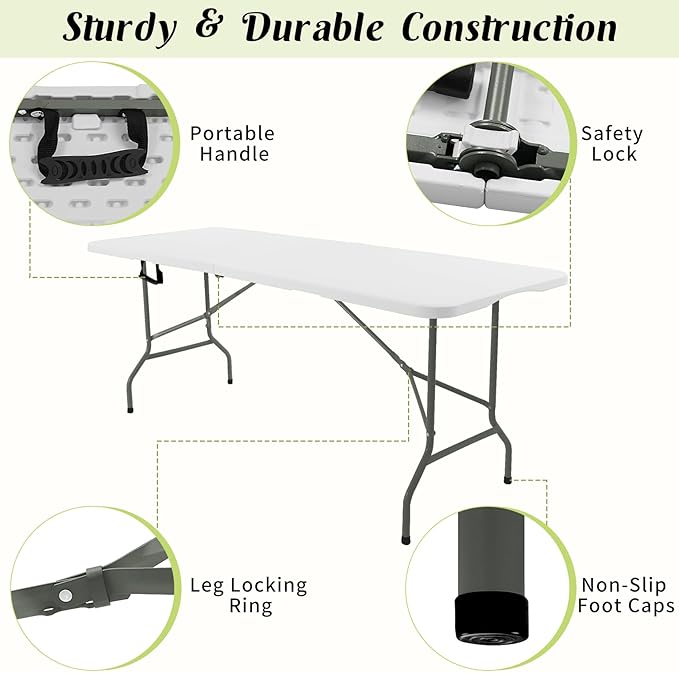 Fivenl 2 Pack 6 FT Folding Tables White Foldable Table, Fold-in-Half with Carrying Handle Portable Plastic Rectangular Table for Party, Dining, Wedding, Camping, Picnic, Indoor Outdoor Events