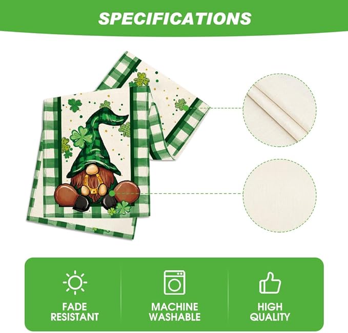 Artoid Mode Shamrock Lucky Buffalo Plaid Gnomes St. Patrick's Day Table Runner, Kitchen Dining Table Decor for Outdoor Home Party Decor 13 x 60 Inch