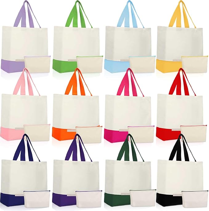 Sanwuta 24 Pcs Canvas Tote Bags Bulk with Zipper Cosmetic Bags 18.5" Cotton Canvas Bag with Handles Reusable Shopping Bags