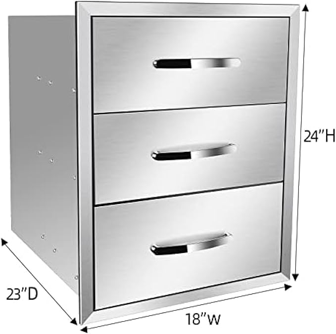 Stainless Steel Outdoor Kitchen Drawers - 3-Drawer BBQ Drawer, Built-in, Flush Mount for Outdoor Kitchens & BBQ Islands, 18Wx23Dx24H