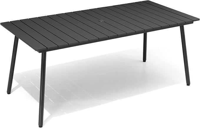 70" Patio Outdoor Dining Table for 6, Weather-Resistant Aluminum Frame with Wood-Grain Top & Umbrella Hole for Deck Gatherings, Black