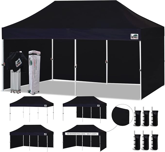 Eurmax USA 10'x20' Pop-up Canopy Tent Commercial Instant Canopies with 4 Removable Zipper End Side Walls and Roller Bag, Bonus 6 SandBags(Black)