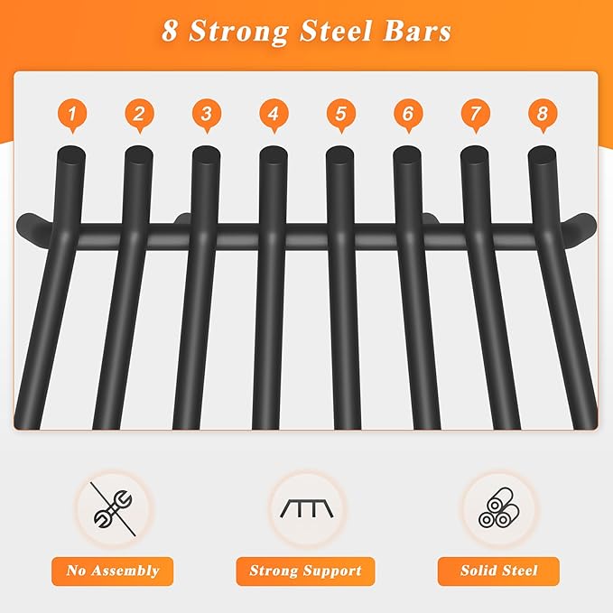 Fireplace Grate 30 Inch with 8 Support Legs, Round Solid Steel Heavy Duty Fireplace Log Holder with Fire Tongs & Poker, Fireplace Log Grate for Indoor Fireplace and Outdoor In-ground Firepit