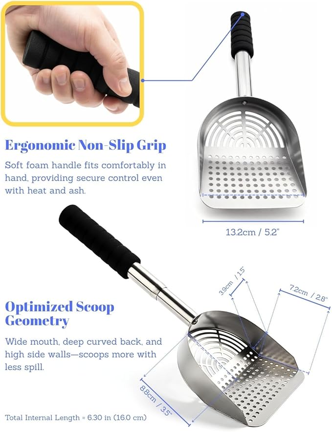 Adjustable Ash Scoop Shovel with Sifter Holes, 16–21 Inch Extendable Handle – Heavy-Duty Metal Coal Shovel for Fireplace, Wood Stove, Fire Pit, and BBQ (1, Round-Hole Sifter)