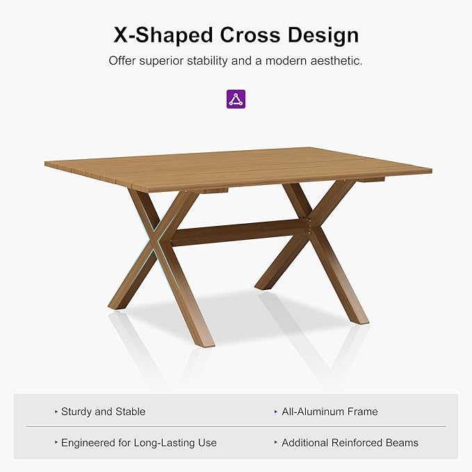 PURPLE LEAF 5 Pieces Patio Dining Set Wicker Outdoor Furniture Rectangular Table and Chairs Set for Garden Deck Teak-Finish Aluminum Frame Backyard Kitchen Set, Cushions and Pillows Included
