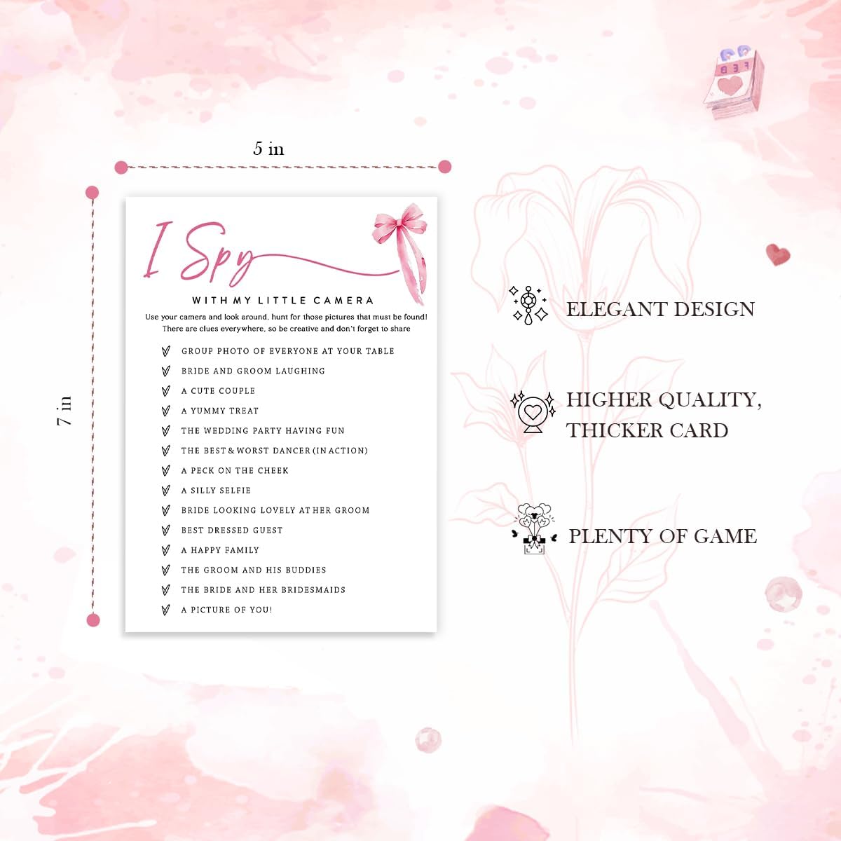 Wedding Shower Games Cards, I Spy with My Little Camera, Bridal Shower Games 25 Guests, Engagement Party Wedding Games for Guests, Pink Ribbon Bow Wedding Party Supplies - E02