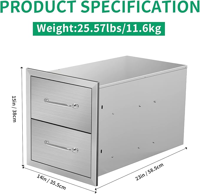 Outdoor Kitchen Drawers 14" W x 15" H x 23" D Stainless Steel Double Drawers with Ergonomic Handle for BBQ Island, Patio Grill Station & Outdoor Kitchen Cabinets