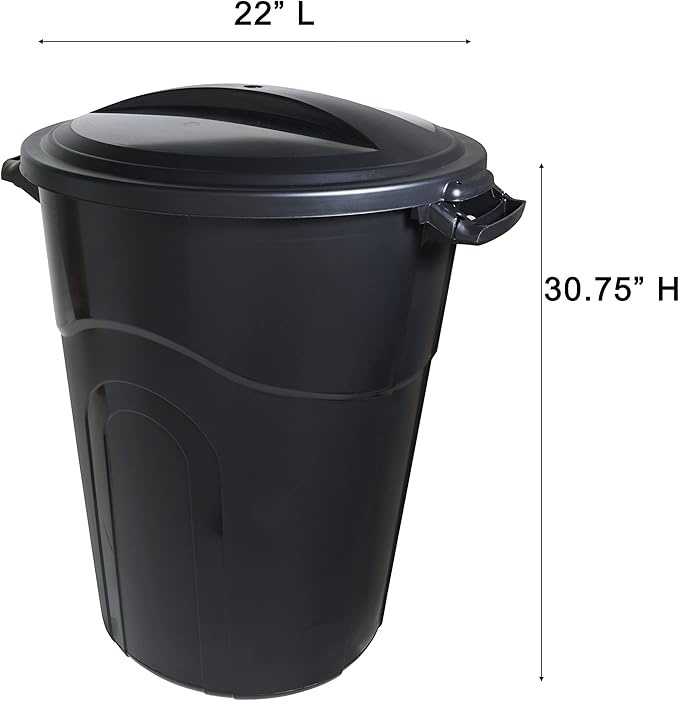 United Solutions 32 Gallon Outdoor Garbage Can, Black, Easy to Carry Garbage Can with Sturdy Construction, Pass-Through Handles & Attachable Click Lock Lid, Indoor or Outdoor Use, (Pack of 2)