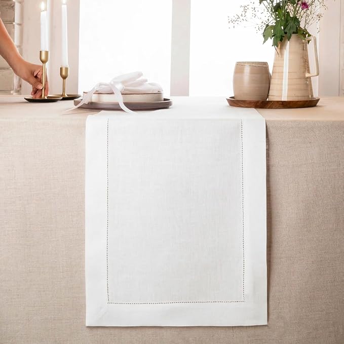 D'Moksha Homes Linen White Table Runner 36 Inches - 100% Pure Linen Small Table Runner 14 x 36 Inch Ideal for Dresser, Coffee Tables, Valentines, Spring, Easter - Classic Hemstitch