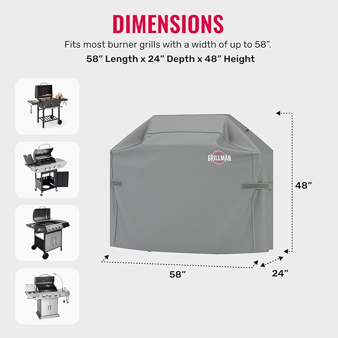 Grillman Grill Cover, BBQ Outdoor Grill Covers, Charcoal, Gas Grills, Waterproof, Rip-Proof, Weather-Resistant, Anti-UV, Barbecue Cover for Weber, Genesis, Charbroil, Nexgrill, etc (Gray, 58 Inch)