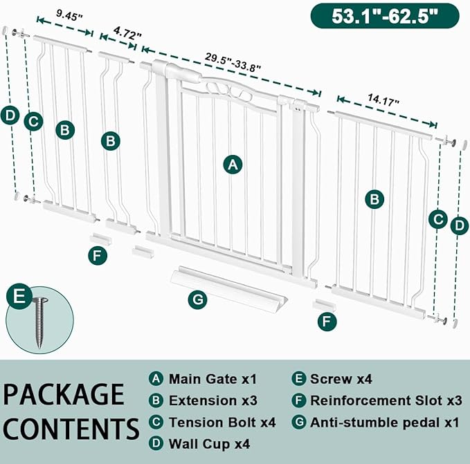 Fairy Baby 53.1"-62.5" Extra Wide Baby Gate for Stairs, Pressure Mounted Dog Gates for Doorways Indoor, Auto-Close Metal Pet Gate for House, No Drill Easy Walk Thru Safety Child Gate with Door, White
