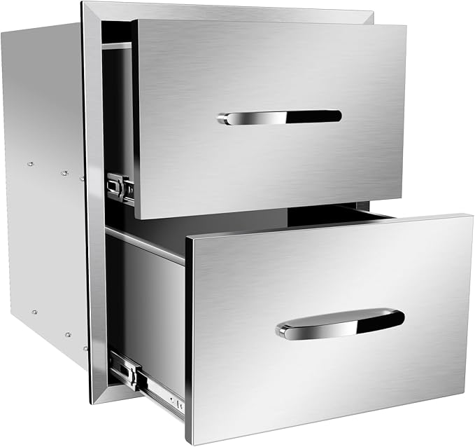 Outdoor Kitchen Drawers, Flush Mount Triple Access BBQ Drawers With Stainless Steel Handle, BBQ Island For BBQ Island Patio Grill Station,Double Drawers