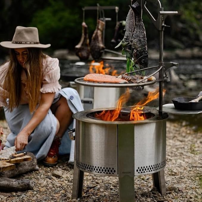 Breeo Smokeless Fire Pit to-Go Bundle (Y Series Stainless Steel, Outpost Grill & to Go Case) | 21 inch Smokeless Firepit for Outside | Ideal for Families, Gifts for Dad
