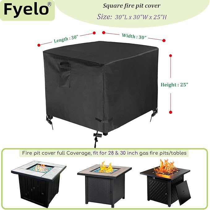 30 Inch Gas Fire Pit Cover for 28-30 Inch Square Fire Pit Tables, Heavy Duty 600D Waterproof & Windproof 30 x 30 x 25 Inches Patio Firepit Cover, Black