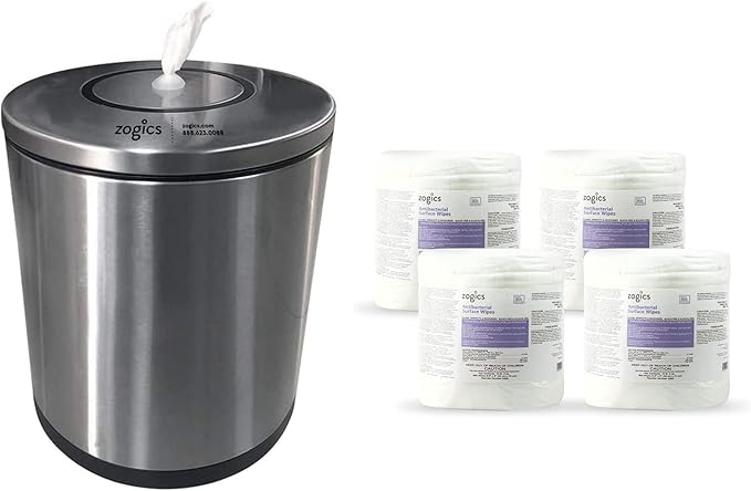 Zogics Antimicrobial Wipes and Tabletop Stainless Steel Wipe Dispenser