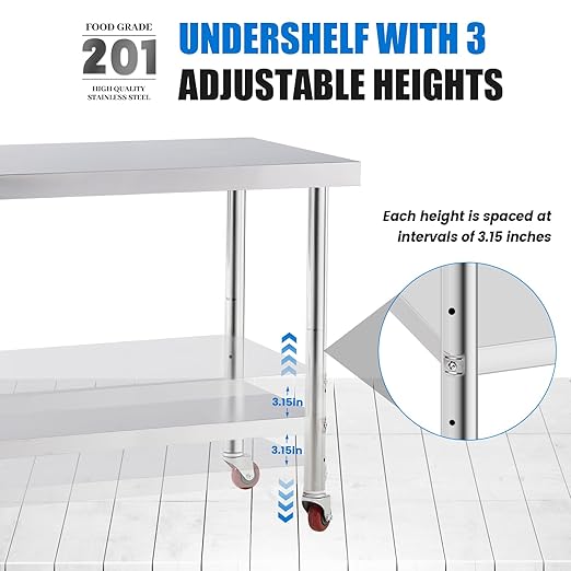 Stainless Steel Table for Prep & Work with 4 Caster Wheels with Undershelf 24 x 36 NSF Metal Commercial Kitchen Adjustable Undershelf Worktable for Restaurant Home Outdoor