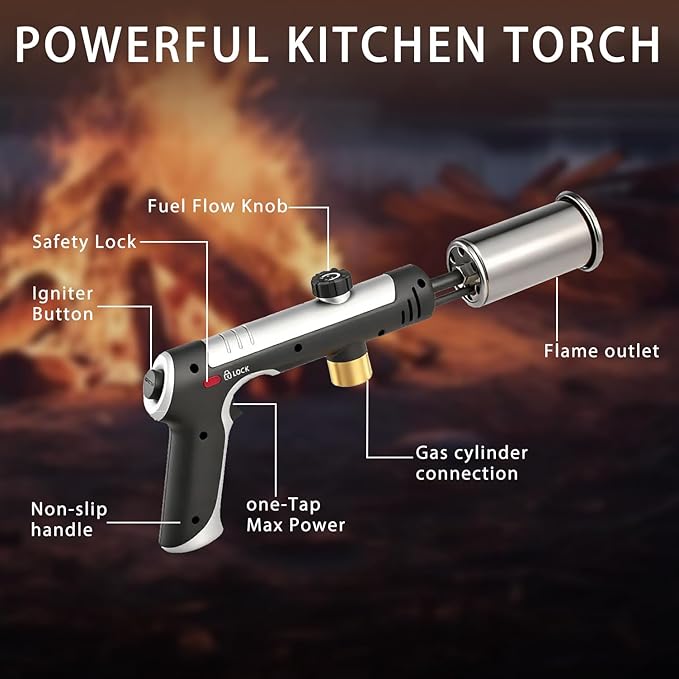 Powerful Propane Torch with One-Touch Max Fire, Kitchen Cooking Torch with Safety Lock, Adjustable Flamethrower Blow Torch for Grill, Sous Vide, BBQ, Campfire (Tank Not Included)
