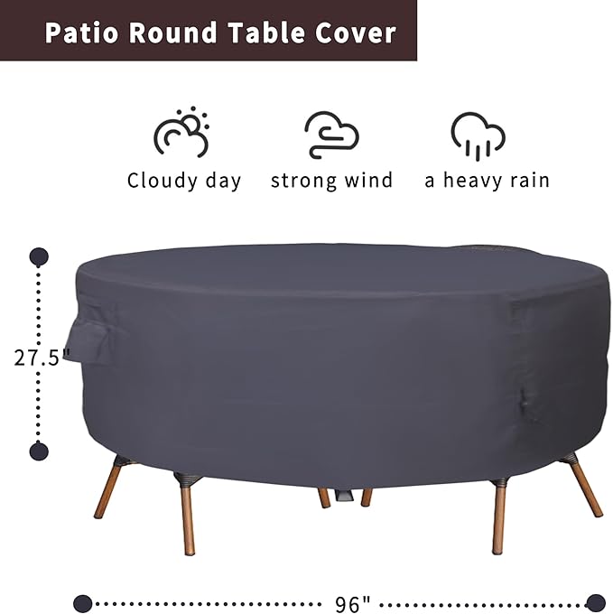Round Patio Furniture Cover, Heavy Duty and Waterproof for Outdoor Furniture covers, Round outdoor table cover, Patio table cover 96"DIA x 27.5"H Black