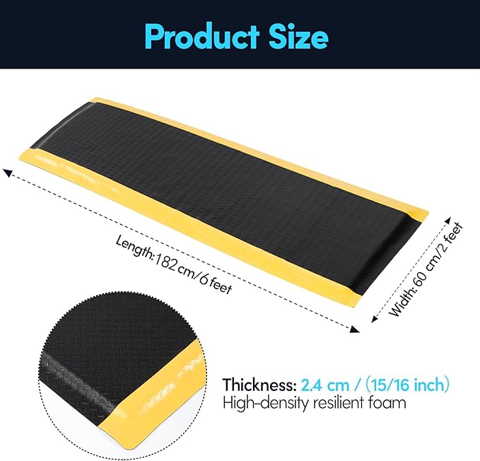 2 x 6 FT Anti Fatigue Mats Industrial 15/16 Inch Thick Soft Sponge Ergonomic Mat Durable Heavy Duty Diamond Plate for Standing Non Slip Industrial Grade Floor Mat for Leg & Back Pain