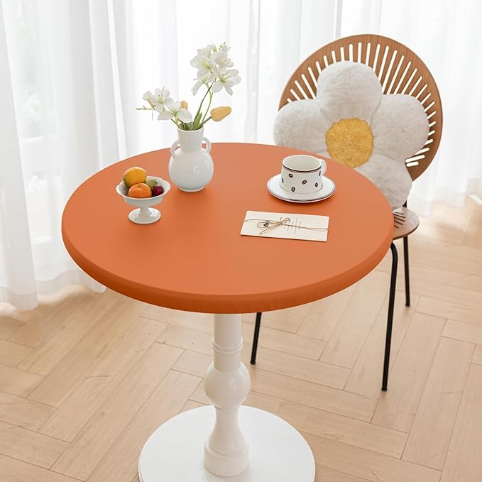 Fall Round Fitted PU Tablecloth with High Elastic Edge 59 Inch Dia Waterproof Oil Proof Table Cloth Anti-Scald Stain-Resistant Wipeable Table Cover for Indoor Outdoor Picnic (Orange,59" Dia)