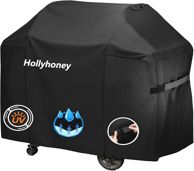 Grill Cover for Outdoor Grill,58 Inch,Black–Upgraded Lightweight Material,Waterproof,Weather Resistant,UV & Fade Resistant with Adjustable Straps–BBQ Gas Grill Cover for Weber Genesis,Charbroil,etc
