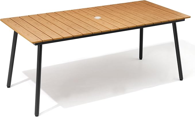 70" Patio Outdoor Dining Table for 4-6, Weather-Resistant Wood-Grain Top with Aluminum Frame & Umbrella Hole for Deck Gatherings, Brown