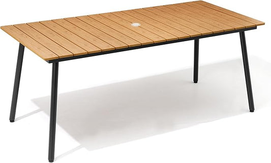70" Patio Outdoor Dining Table for 4-6, Weather-Resistant Wood-Grain Top with Aluminum Frame & Umbrella Hole for Deck Gatherings, Brown