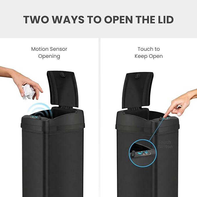 iTouchless 50 Liter / 13 Gallon Kitchen Trash Can with Lid & AbsorbX Odor Filter – Motion Sensor Matte Black Stainless Steel Garbage Bin for Home, Office, or Garage – Slim, Large Capacity Design