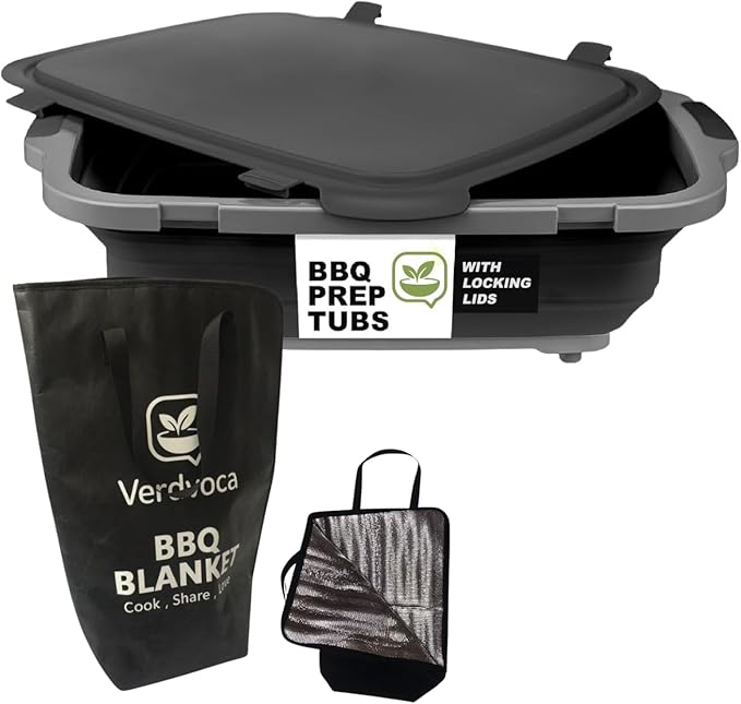 16L Black Collapsible BBQ Prep Tub with Locking Lids & 21 Inch Tyvek Black BBQ Blanket for Resting Meat