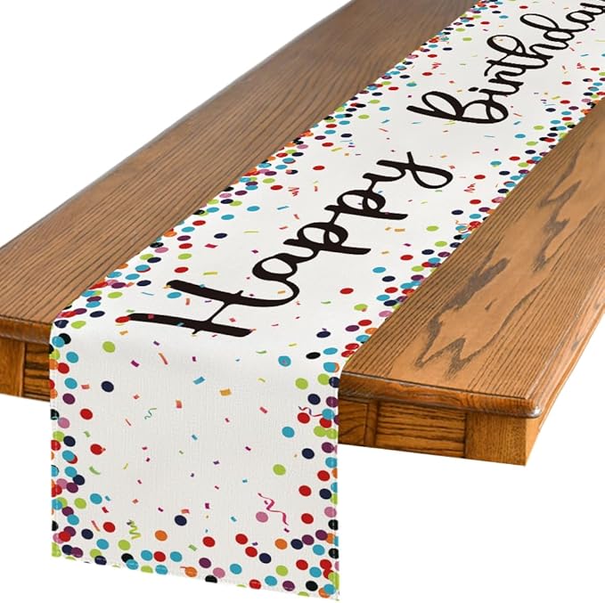 Artoid Mode Polka Dot Beige Happy Birthday Table Runner, Seasonal Kitchen Dining Table Decoration for Home Party Decor 13x90 Inch