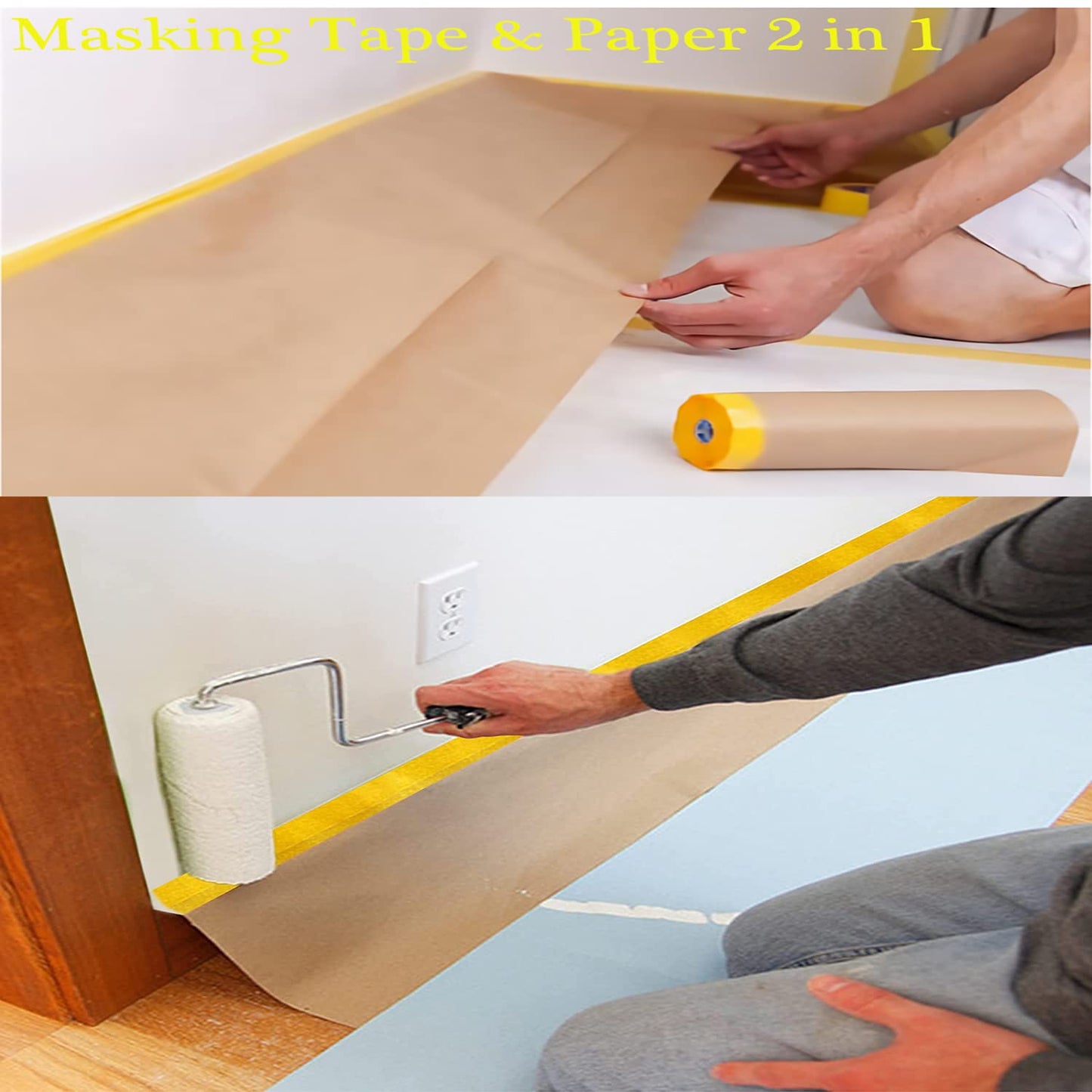 Paint Masking Paper with Adhesive,20 inch x 50 Feet Painters Paper Roll, Tape and Drape Painters Paper, for Auto Body Masking, Wall Covering and Paint Masking (3Rolls)
