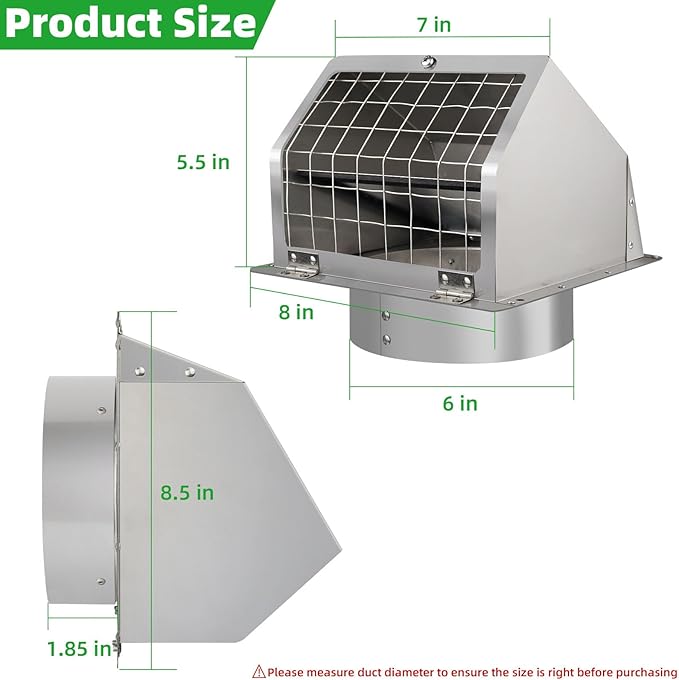 Dryer Vent Cover Outside 6 Inch Wall Vent,304 Stainless Steel Exhaust Vent Cover,External Extractor Wall Vent Cap with Mesh & Cushioned Flap,Exterior Vent Hood Outlet Air Vent for Range Hood Duct HVAC