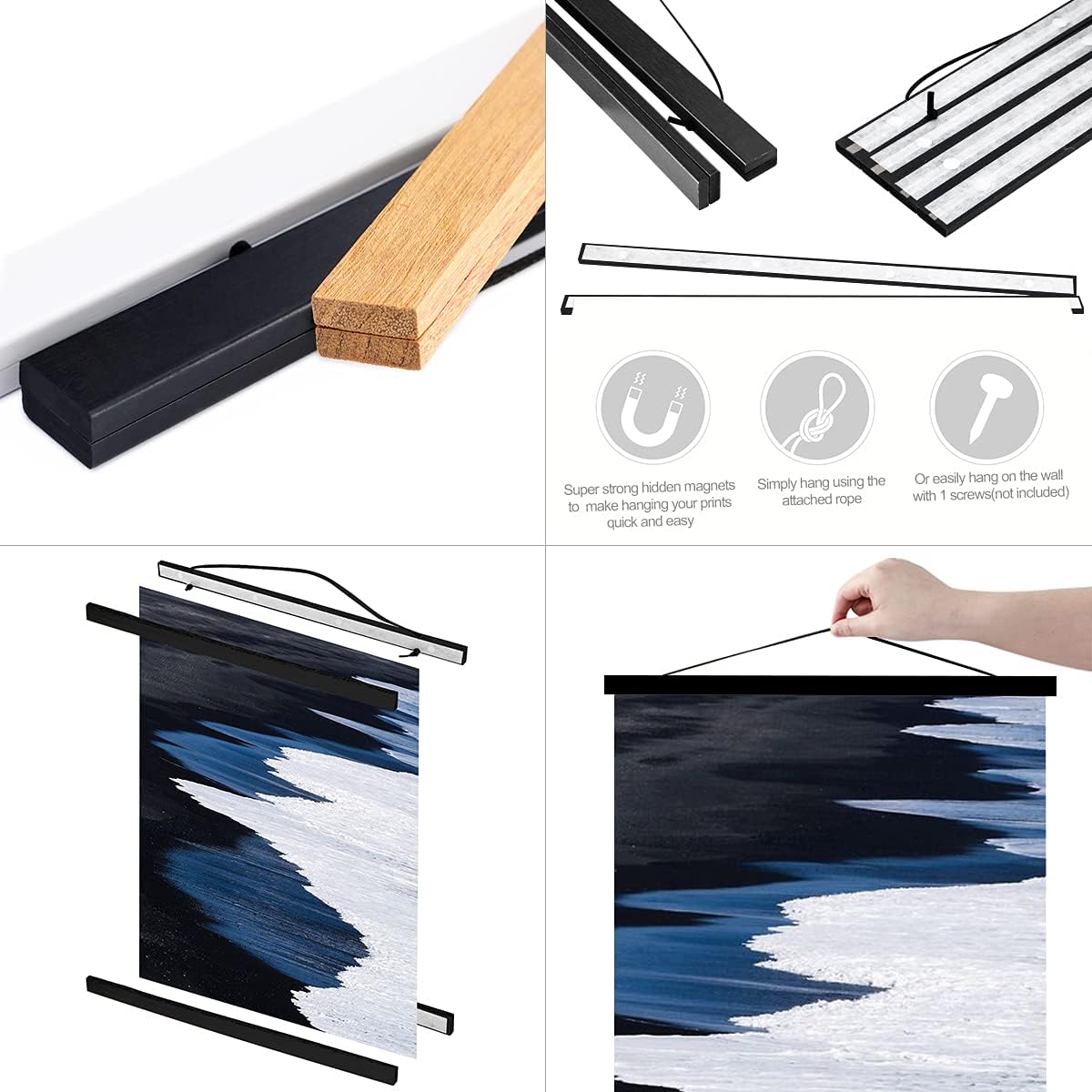 Ywlake Magnetic Poster Hanger, 28x22 28x40 28x20 Poster Frame Wood Wooden Magnet Print Posters Dowel Scroll Hanger Hangers Hanging Kit for Walls Map Canvas Artwork (Black, 28")