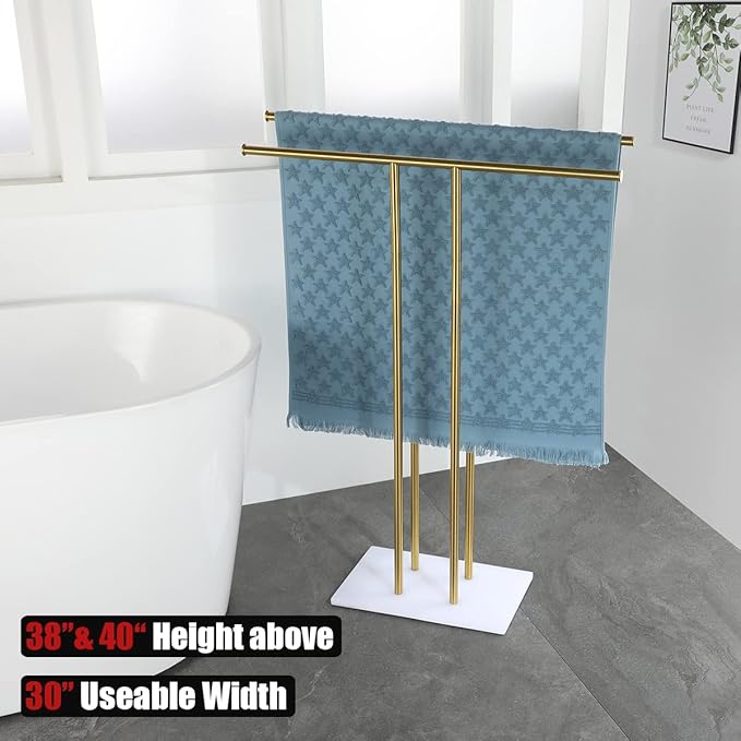 JQK Bath Towel Holder Stand Brushed Gold, 30 Inch Free Standing Double Towel Rack Shelf for Bathroom Floor, Light Gold, BTH100L30-WG