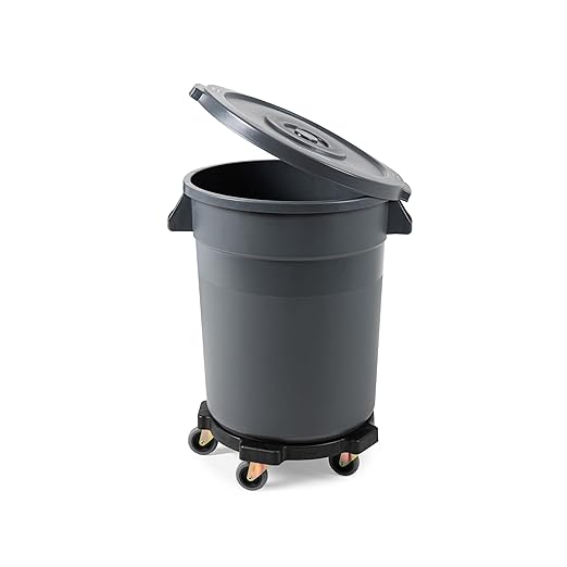 PRO&Family Commercial Round Trash Can with Lid and Dolly Rolling Waste Container, Ingredient Bin, Heavy-Duty Plastic, Anti-Static, Kitchen, Office, Outdoor Use (Gray, 20 Gallon)