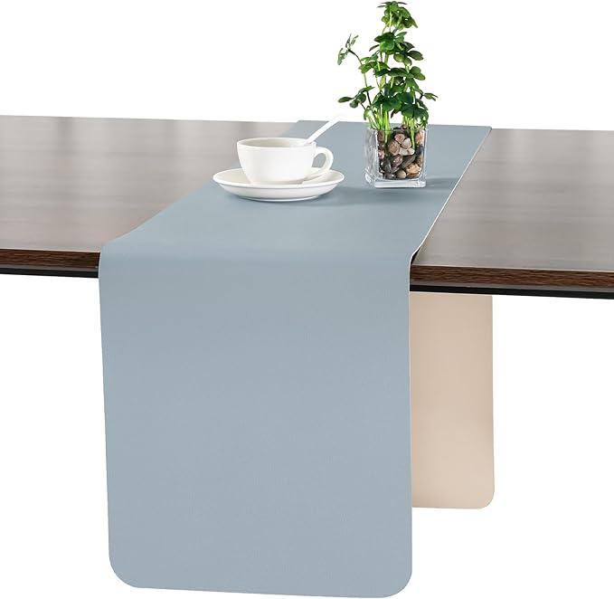 Myir JUN Table Runner Double Sided Vinyl Runner Table 55 Inch Long Runner for Table Washable Waterproof Non-Slip for Home Decorations Camel Yellow Light Blue,12 x 55 inch