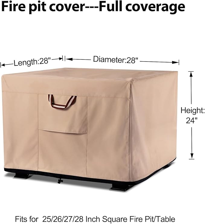 QH.HOME Fire Pit Cover Square-25-28 Inch Heavy Duty 900D Strong Tear-Resistant and UV Resistant and Waterproof and Fading Resistant Material Polyester Firepit Covers for Outdoor Fire Table-Wheat