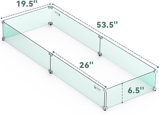 Skyflame Fire Pit Wind Guard, 53.5" x 19.5" x 6" Clear Tempered Glass Flame Guard Set with Hard Aluminum Corner Brackets and Rubber Feet, Fits for 48-inch Rectangular Fire Pit Burner Pan