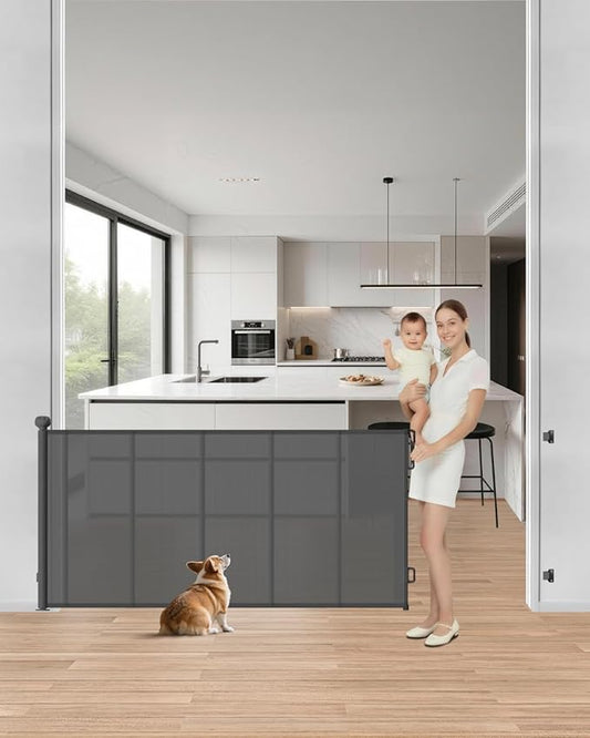 Upgraded Retractable Baby Gate - 71" Wide 34" Tall Mesh Child Safety Gate with High-Density Reinforced Rods, Easy One-Hand Operation Retractable Dog Gate, Fits Baseboards, Gray