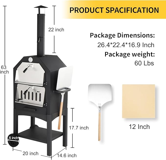 Outdoor Wood Fired Pizza Oven for Backyard and Camping - Portable Patio Pizza Maker with Baking Stone, Peel, Grill Rack and Waterproof Cover