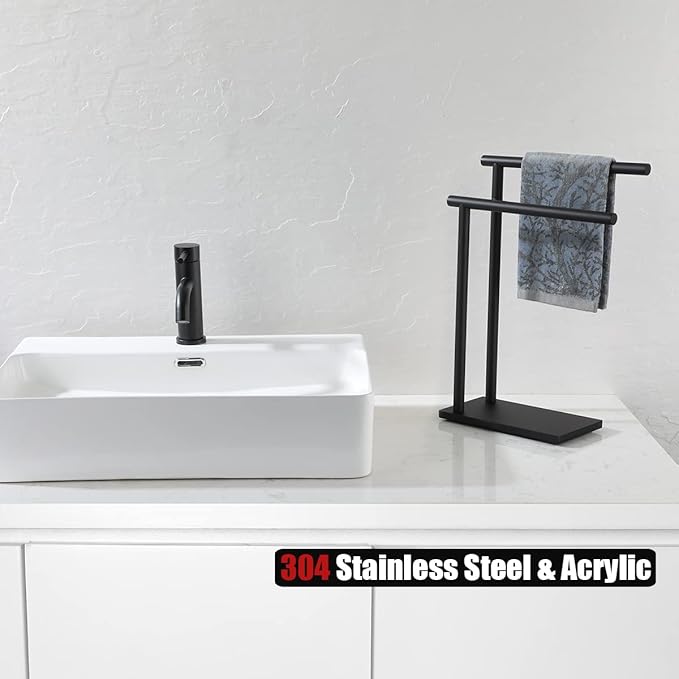 JQK Hand Towel Holder Stand Black, Modern Tree Rack Free Standing for Countertop with 12 Inch 2 Bars, 304 Stainless Steel Matte Black 9.45x5.12 Inch Base, HTT172-PB
