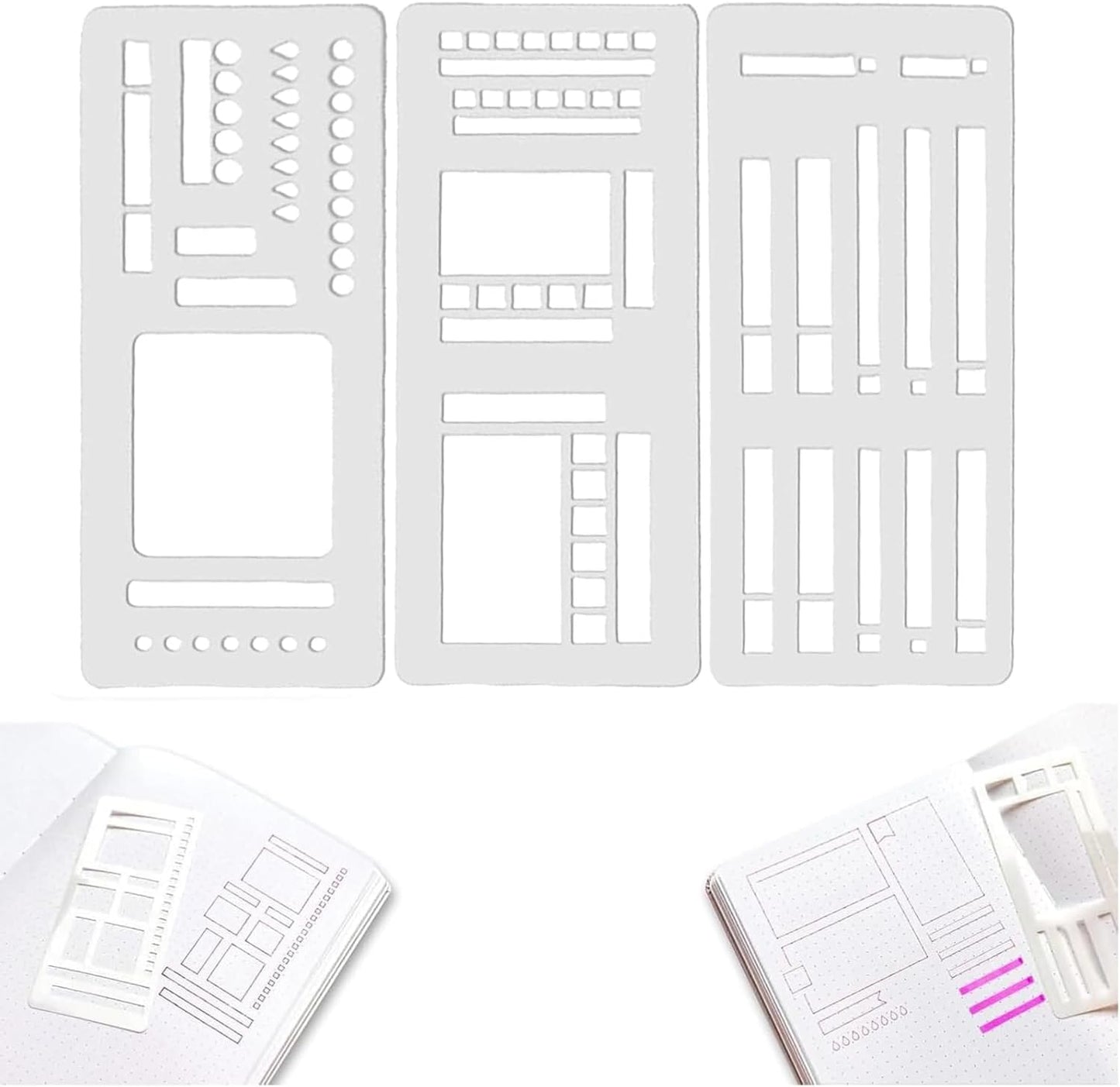 3PCS Planner Stencils Templates Set, Handmade Flexible Record Template, Lexible Journal Calendar Stencil for Dot Grid Planners, Versatile Drawing Template Kit for Journaling, Checklists, Boxes, Lines