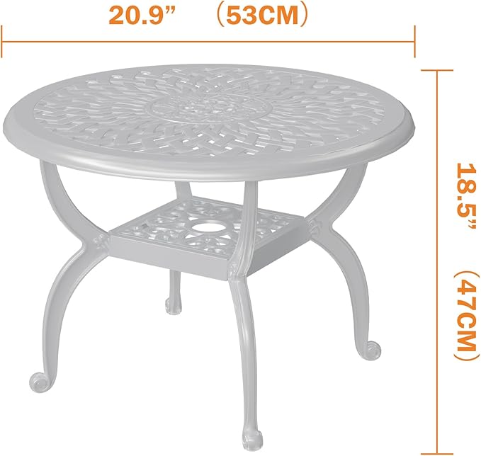 Cast Aluminum Outdoor Side Table, All Weather Round Bistro Table, Outdoor Coffee Table, Small End Table for Patio, Indoor, Lawn, Garden, White