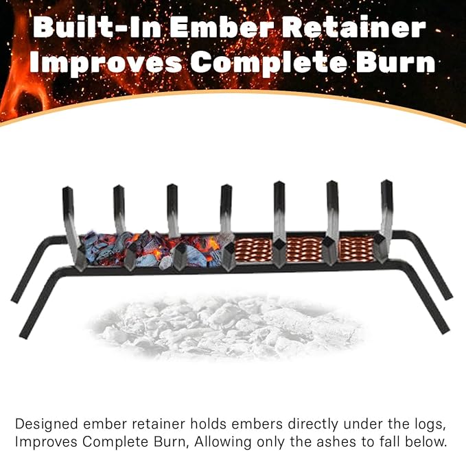 Heavy-Duty Steel Fireplace Grate with Ember Retainer (30 Inch)