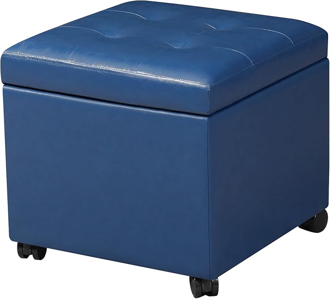 Homebeez Faux Leather Storage Ottoman with Steerable Rolling Wheels, 17.7" Square Small Foot Rest Stool Tufted Cube Footstool with Hinged Lid, Load 300 lb, for Living Room, Bedroom, Entryway, Blue