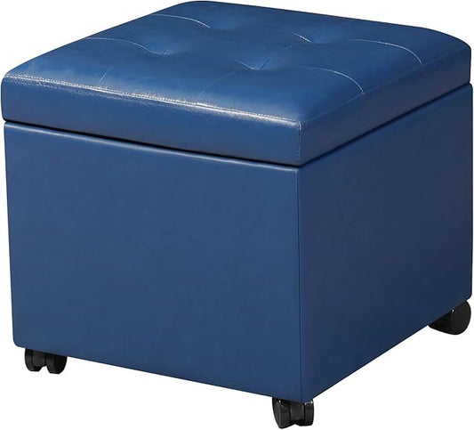 Homebeez Faux Leather Storage Ottoman with Steerable Rolling Wheels, 17.7" Square Small Foot Rest Stool Tufted Cube Footstool with Hinged Lid, Load 300 lb, for Living Room, Bedroom, Entryway, Blue
