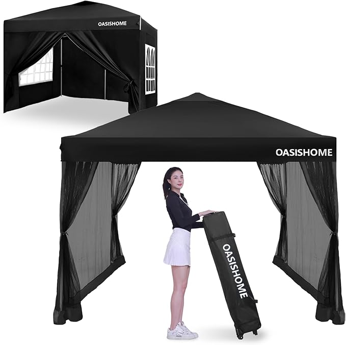 OASISHOME Pop-up Gazebo Instant Portable Canopy Tent 10'x10', with 2 Styles Sidewalls,Netting, Windows, Wheeled Bag, for Patio/Outdoor/Wedding Parties and Events