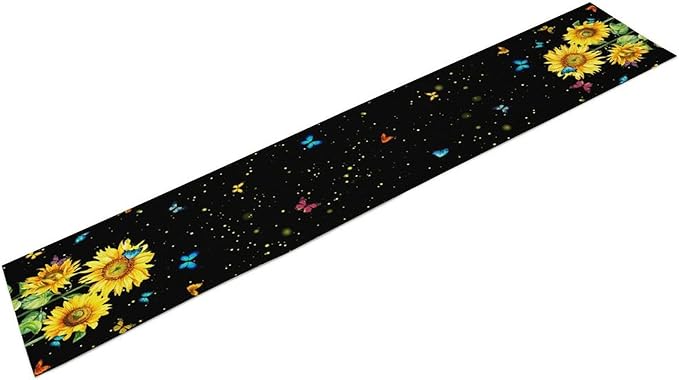 Farmhouse Sunflower Table Runner, Black Starry Spring Yellow Flowers Botanical Butterfly Table Runners for Dining Kitchen Holiday Party Table Decor, 13x120inch